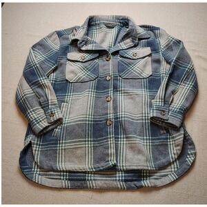 Plaid Shacket Button Front Shirt Jacket Blue Grey Flannel Large High‎ Low Hem